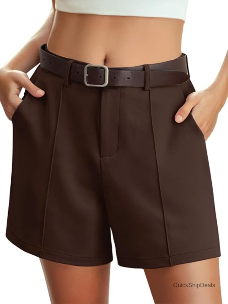 High Waisted Elastic Waist Wide Leg Pleated Dressy Work Trouser Shorts With